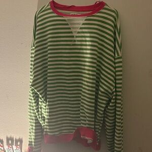 Green and White Striped Sweater with pink Accents